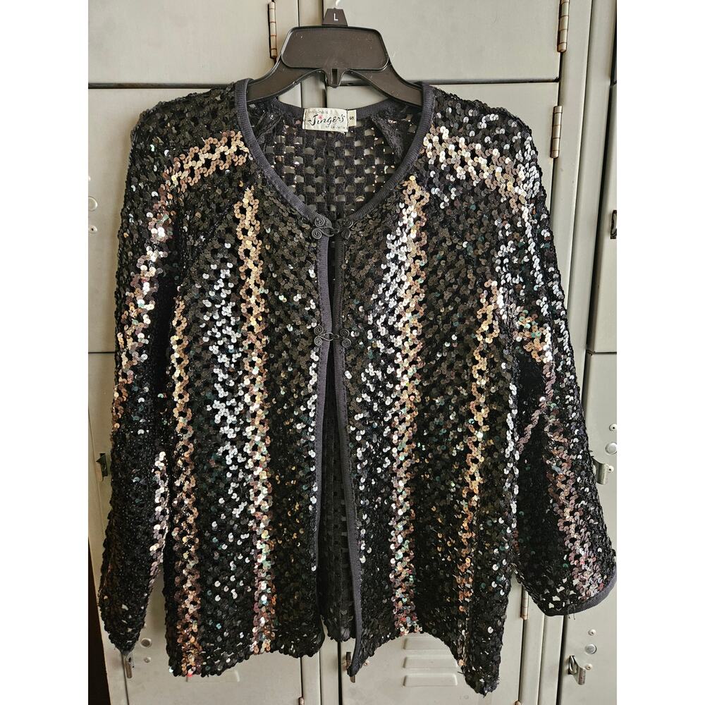 Vintage Semi Sheer Black & Silver Sequin Open Front Jacket Size Small
